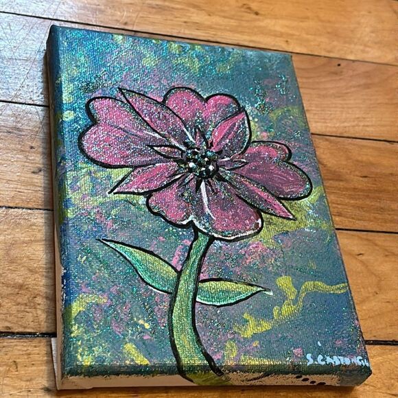 Original Acrylic Painting with Glitter 5x7 Pink Floral Artwork with Green - Picture 3 of 8